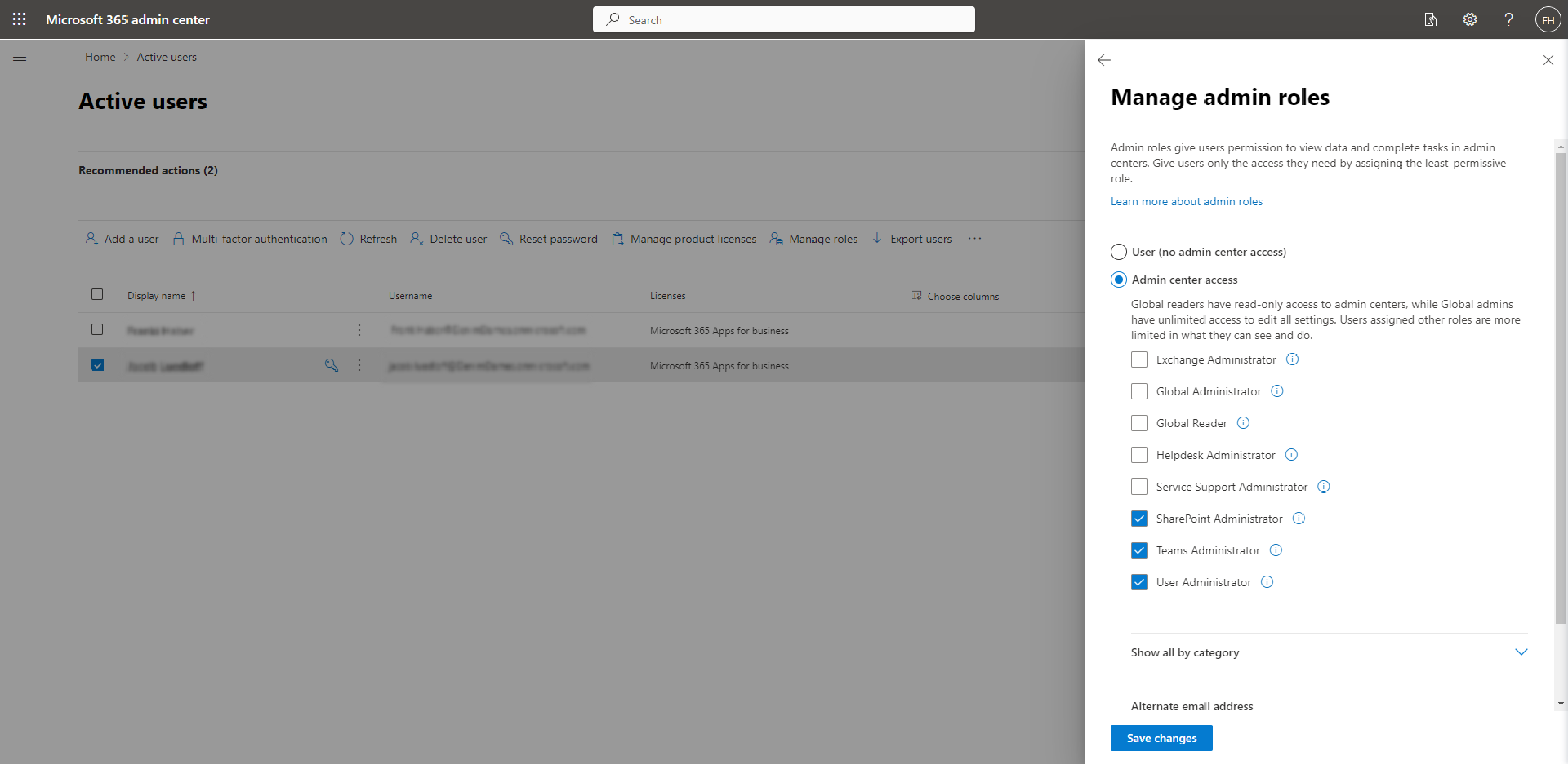 Microsoft 365 admin roles selection page